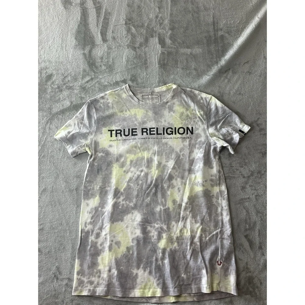 True Religion Mens Shirt 3XL Gray Yellow Tie Dye Logo Graphic Short Sleeve